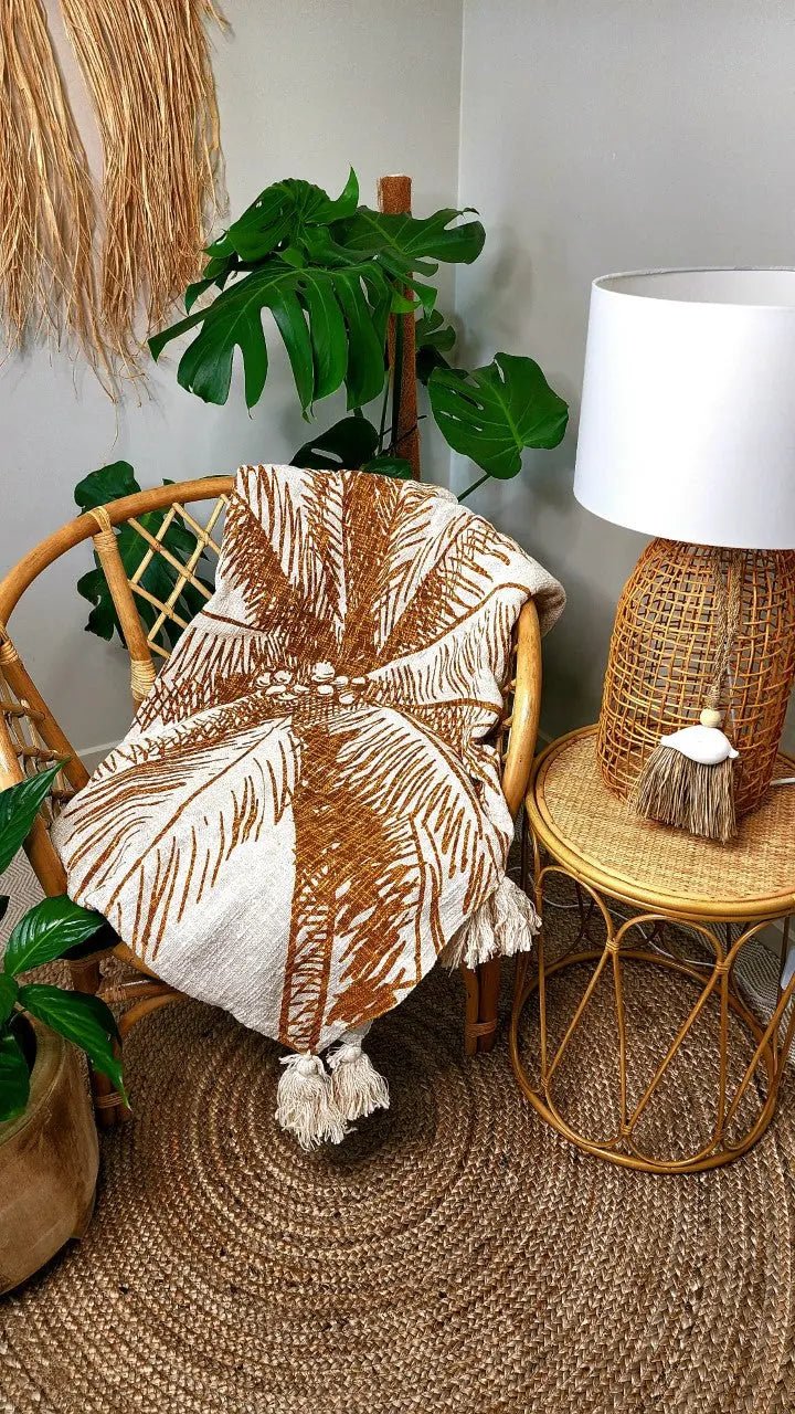 Coco Palm Throw Blanket | Cotton | Natural & Ochre - Coastal Country Home Decor