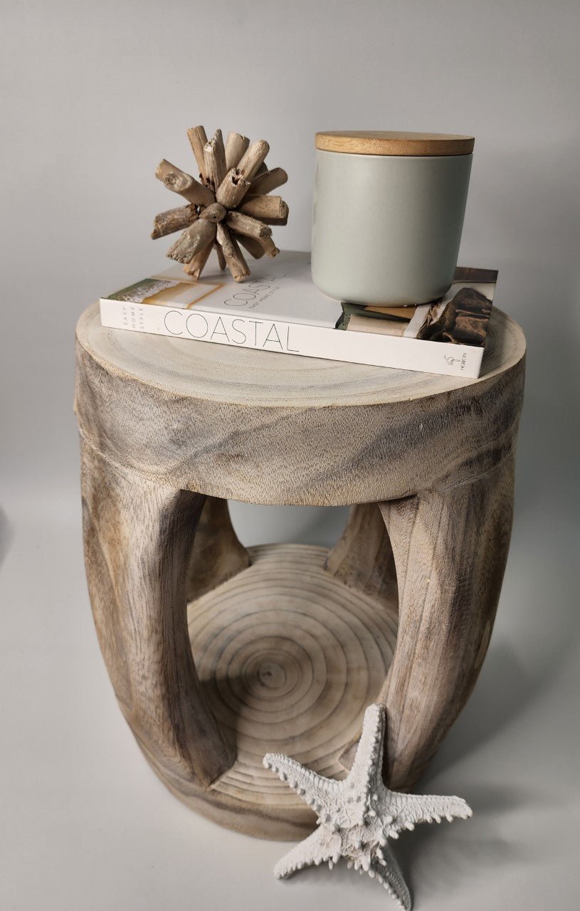 Melaka Timber Stool | Whitewash | Paulownia Wood - Coastal Country Home Decor