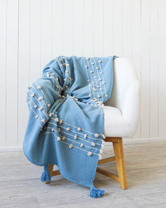 Pulled Tufted Throw | Light Denim/Turquoise | 25 x 150cm - Coastal Country Home Decor