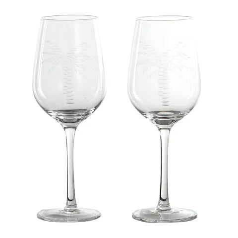 Wine Glass | Clear | Palm Print | Set of 2 - Coastal Country Home Decor